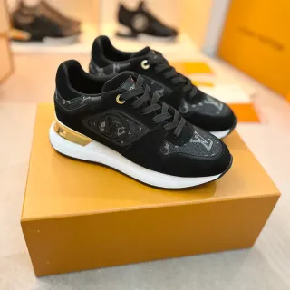 Louis Vuitton LV Trainer Black Gold Monogrammed Textile Suede Overlays Lifestyle Sneakers
