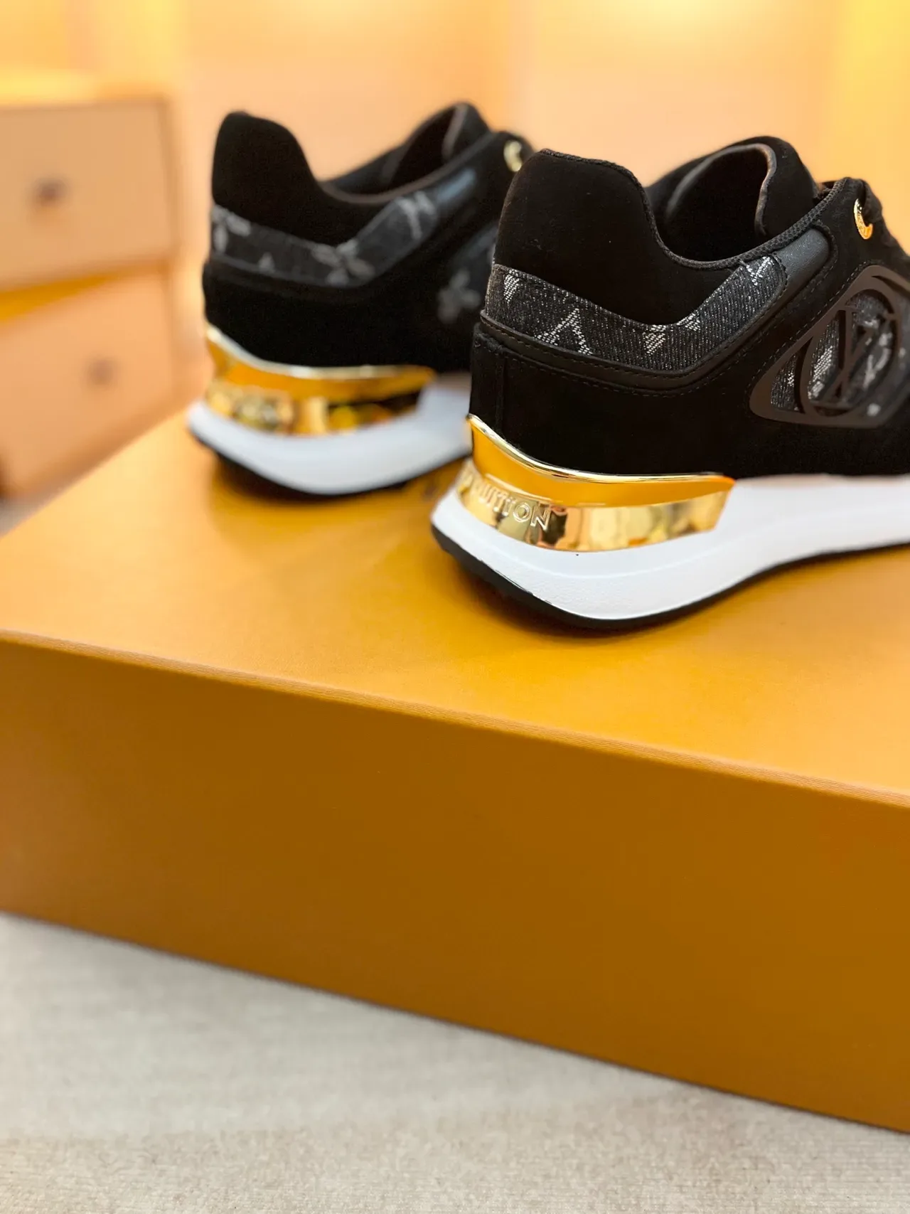 Louis Vuitton LV Trainer Black Gold Monogrammed Textile Suede Overlays Lifestyle Sneakers 2
