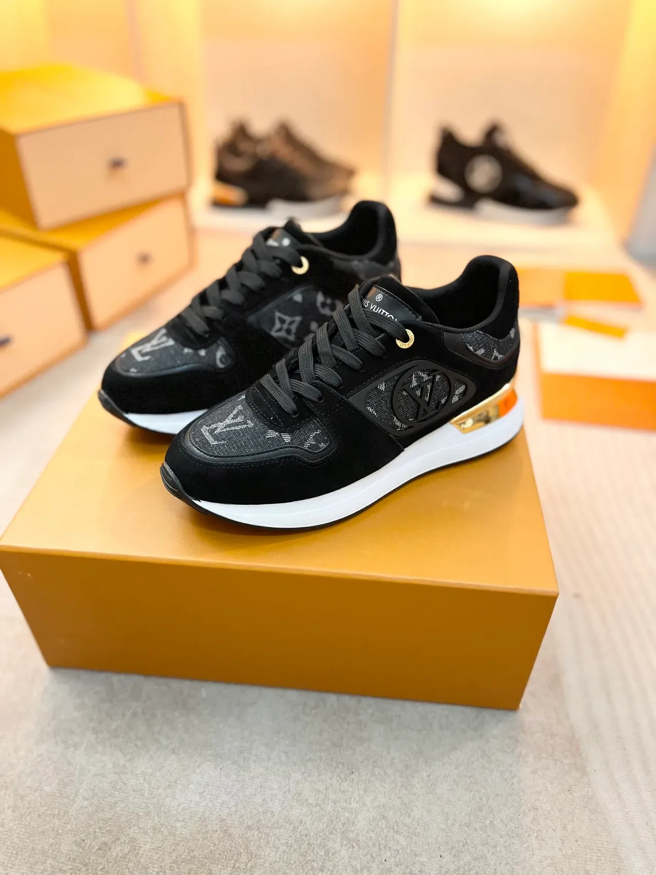 Louis Vuitton LV Trainer Black Gold Monogrammed Textile Suede Overlays Lifestyle Sneakers 4