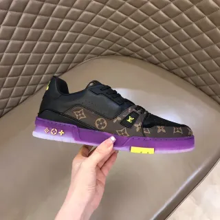 Louis Vuitton LV Trainer Preto Roxo Monogram Tela Couro Sobreposições Estilo de vida Tênis