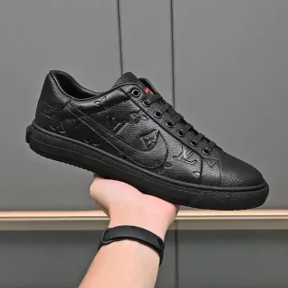 Louis Vuitton LV Trainer Black Red Embossed Monogram Leather Pebbled Texture Lifestyle Sneakers