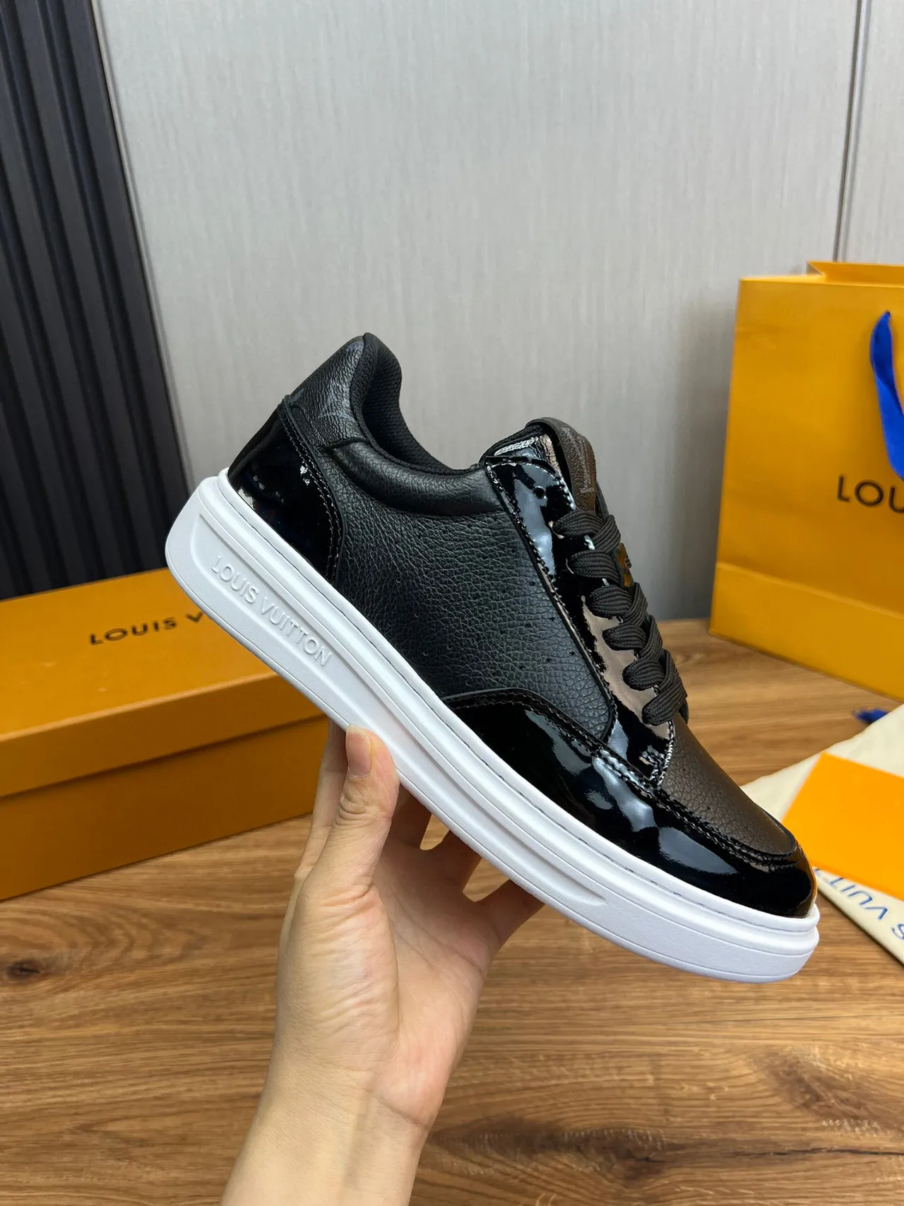 Louis Vuitton LV Trainer Black White Mixed Leather And Patent Platform Sole Lifestyle Sneakers 4