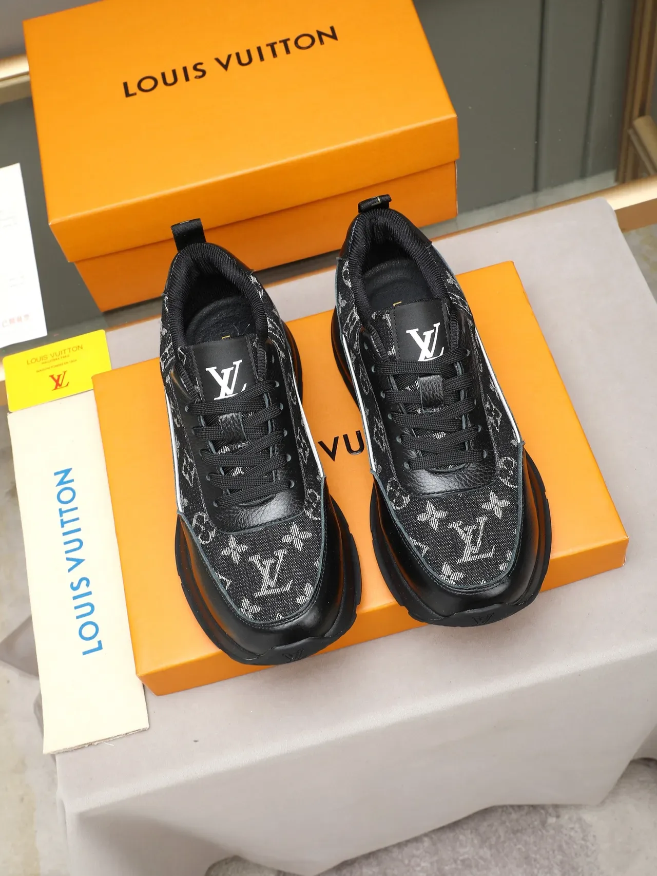 Louis Vuitton LV Trainer Black White Monogrammed Textile Pebbled Leather Lifestyle Sneakers 3