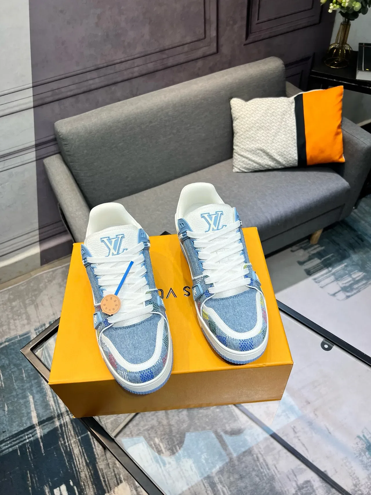 Louis Vuitton LV Trainer Blue Multicolor Denim-Jacquard Upper Dual Strap System Lifestyle Sneakers 5