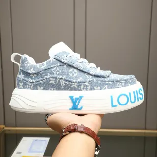 Louis Vuitton LV Trainer নীল সাদা ডেনিম মনোগ্রাম ক্যানভাস চাঙ্কি প্ল্যাটফর্ম সোল লাইফস্টাইল স্নিকার্স