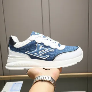 لويس فيتون LV Trainer أحذية رياضية زرقاء بيضاء أعلى نسيج الجينز Oversized خياطة Monogram Chunky Sneakers