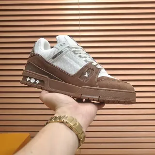Louis Vuitton LV Trainer Marrón Blanco Capa de Malla y Ante Superior Esculturado Suela Media Gruesa Zapatillas Lifestyle