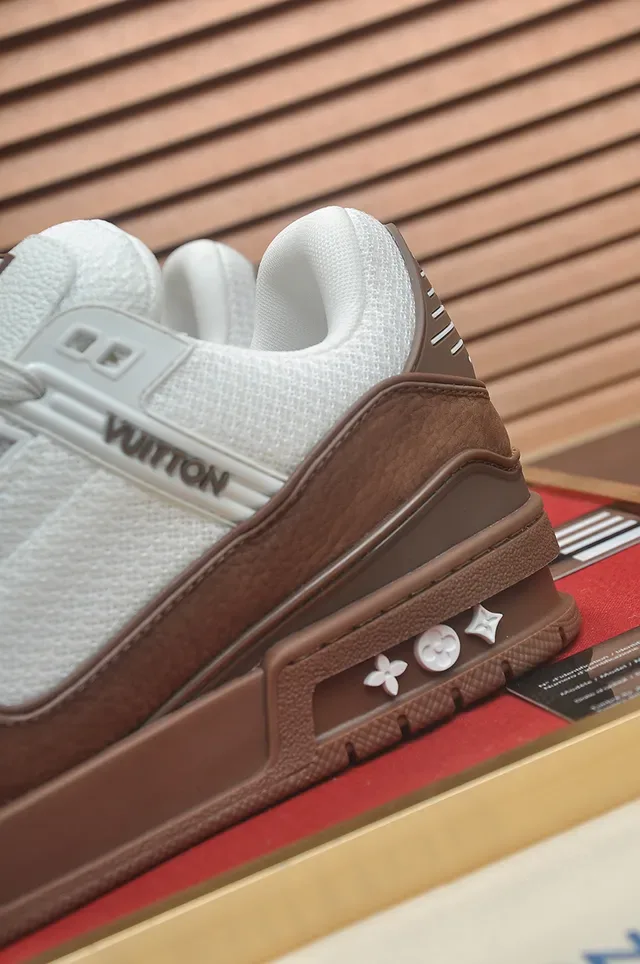 Louis Vuitton LV Trainer Brown White Layered Mesh And Suede Upper Sculpted Chunky Midsole Lifestyle Sneakers 2