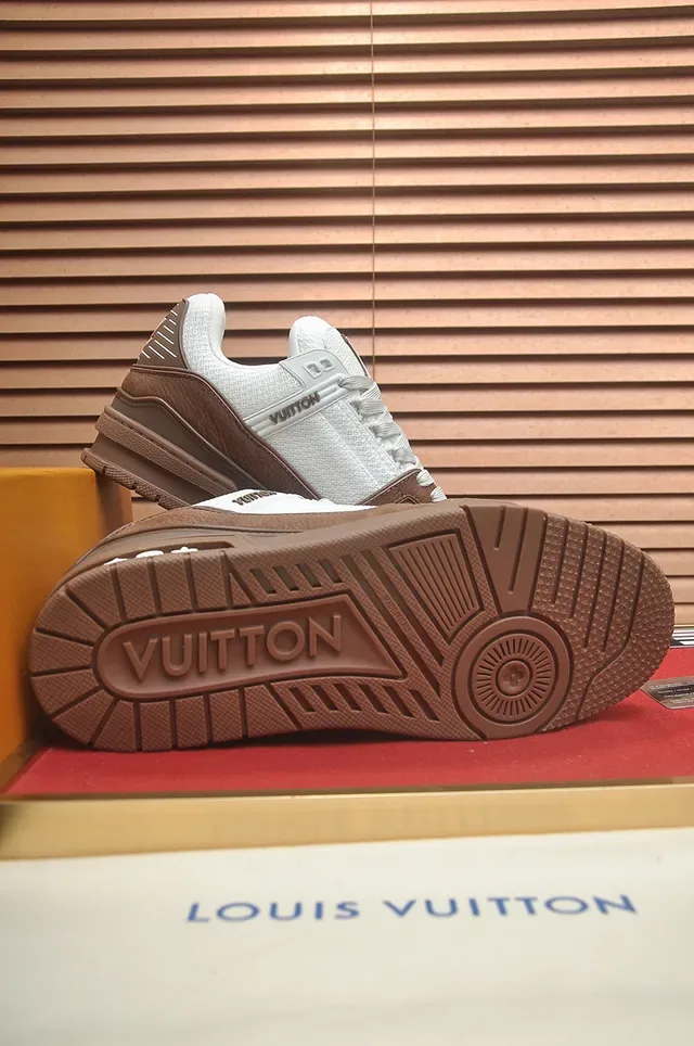 Louis Vuitton LV Trainer Brown White Layered Mesh And Suede Upper Sculpted Chunky Midsole Lifestyle Sneakers 3