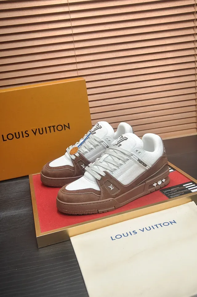 Louis Vuitton LV Trainer Brown White Layered Mesh And Suede Upper Sculpted Chunky Midsole Lifestyle Sneakers 4