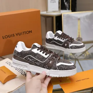 Louis Vuitton LV Trainer Brown White Monogrammed Textile Upper Plastic Cage Overlay Lifestyle Sneakers