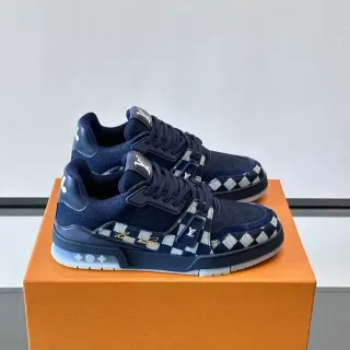 Louis Vuitton LV Trainer গভীর নীল সাদা ডেনিম উপর চেকরবোর্ড প্যানেল লাইফস্টাইল স্নিকার