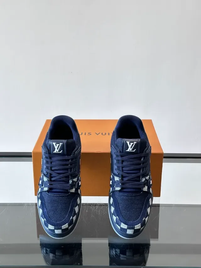 Louis Vuitton LV Trainer Navy White Denim Upper Checkerboard Paneling Lifestyle Sneakers 4