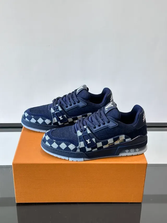 Louis Vuitton LV Trainer Navy White Denim Upper Checkerboard Paneling Lifestyle Sneakers 5