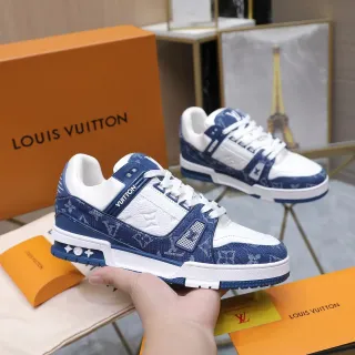 Louis Vuitton LV Trainer Navy White Monogrammed Denim-Textile Upper Leather Overlays Lifestyle Sneakers