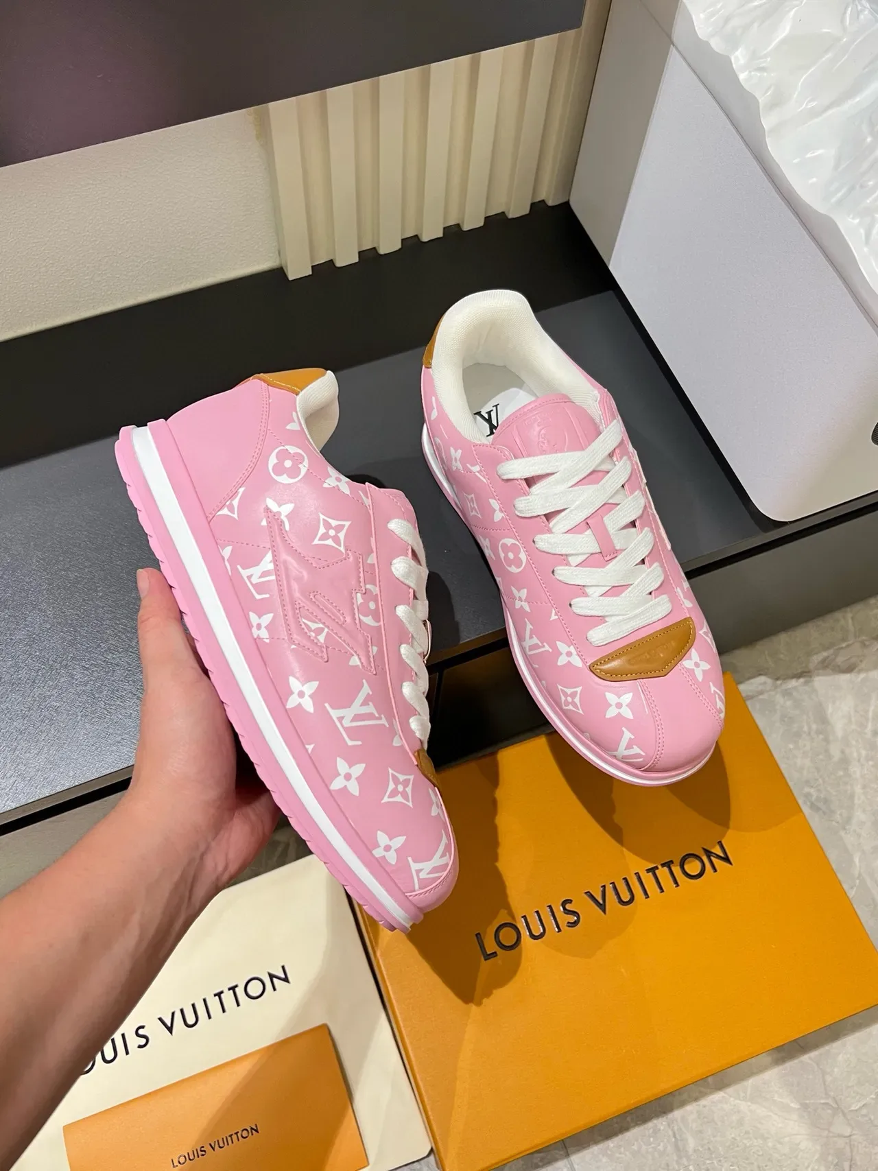Louis Vuitton LV Trainer Pink White Monogram-Print Upper Embossed Logo Lifestyle Sneakers 6