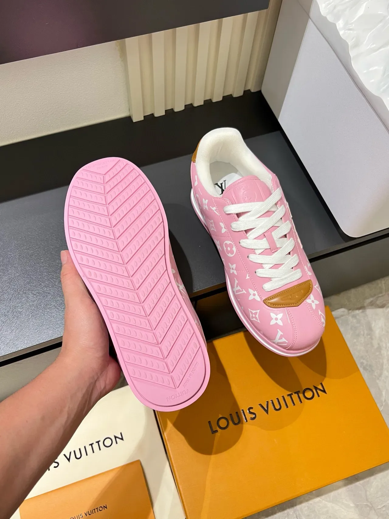 Louis Vuitton LV Trainer Pink White Monogram-Print Upper Embossed Logo Lifestyle Sneakers 7