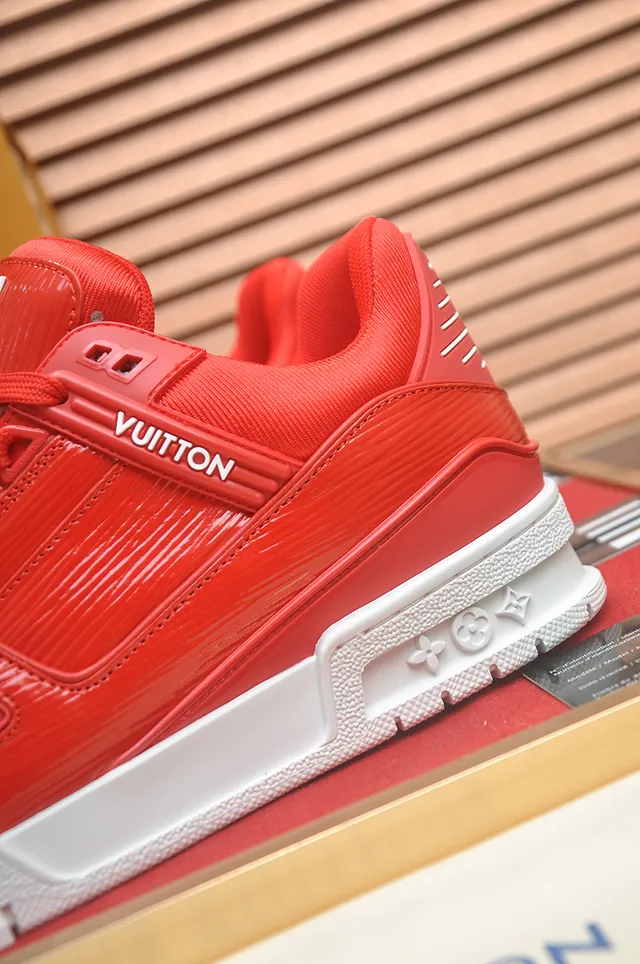 Louis Vuitton LV Trainer Red White Textured Synthetic Upper Low-Top Lace-Up Construction Lifestyle Sneakers 2