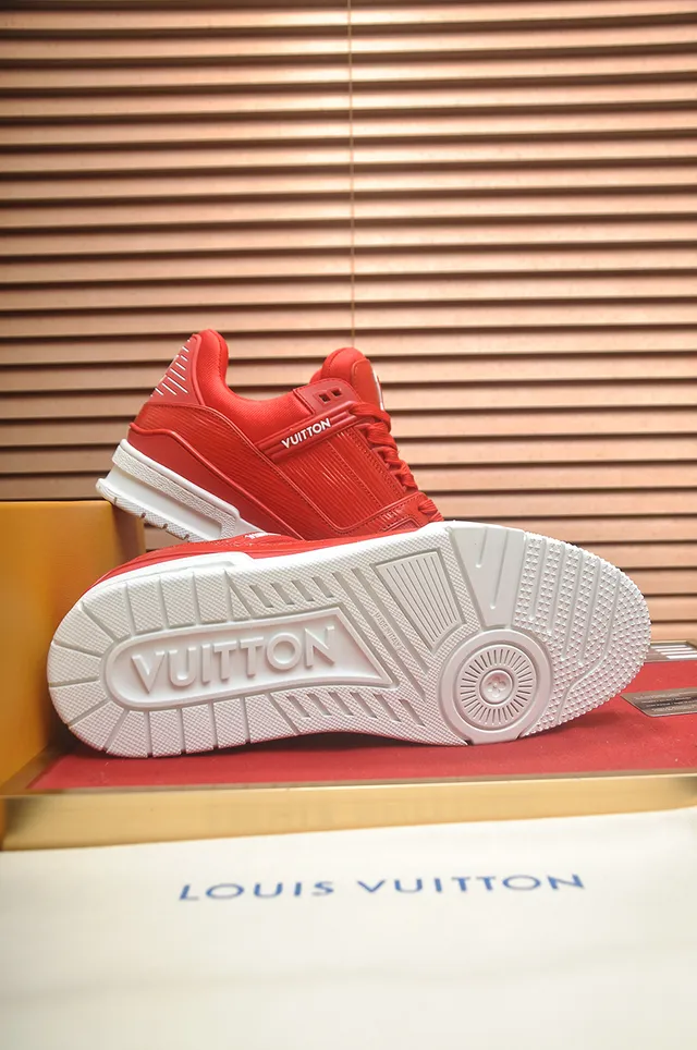 Louis Vuitton LV Trainer Red White Textured Synthetic Upper Low-Top Lace-Up Construction Lifestyle Sneakers 3