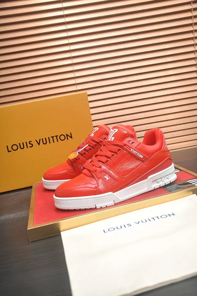 Louis Vuitton LV Trainer Red White Textured Synthetic Upper Low-Top Lace-Up Construction Lifestyle Sneakers 4