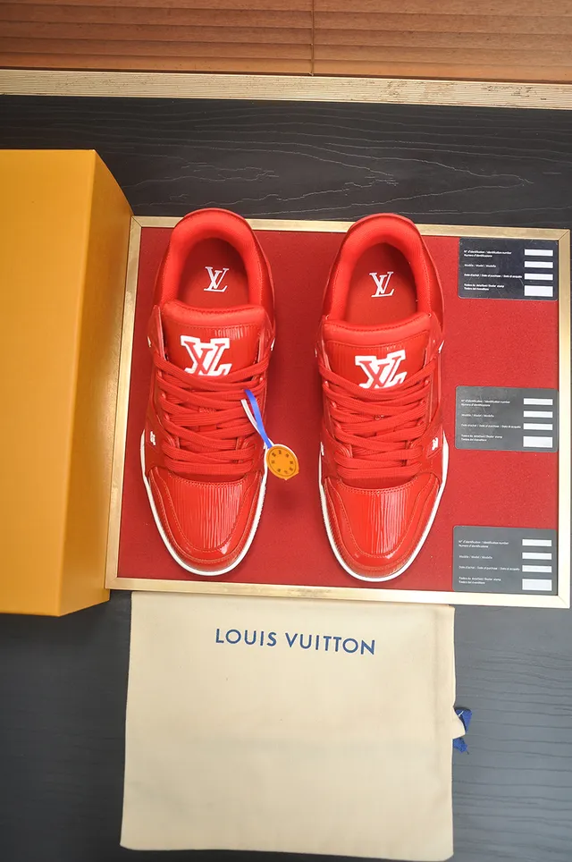 Louis Vuitton LV Trainer Red White Textured Synthetic Upper Low-Top Lace-Up Construction Lifestyle Sneakers 5