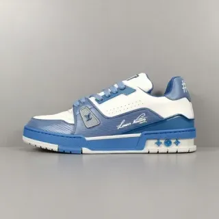 Louis Vuitton LV Trainer Branco Azul Parte Superior Sintética Em Camadas Solado Esculpido Tênis Lifestyle