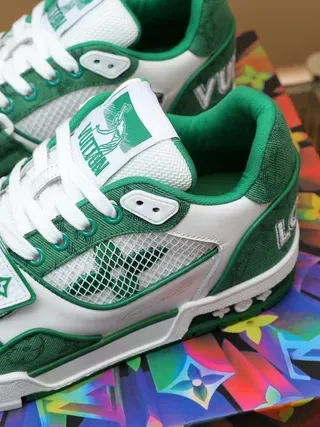 Louis Vuitton LV Trainer White Green Multi-Panel Leather And Mesh Monogrammed Accents Lifestyle Sneakers 4