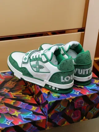 Louis Vuitton LV Trainer White Green Multi-Panel Leather And Mesh Monogrammed Accents Lifestyle Sneakers 9