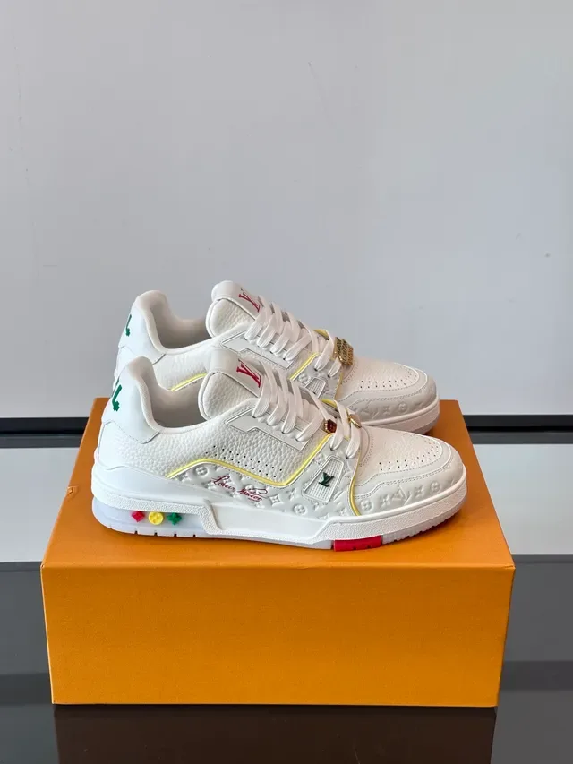 Louis Vuitton LV Trainer White Multicolor Embossed Monogram Leather Color-Blocked Piping Lifestyle Sneakers 1