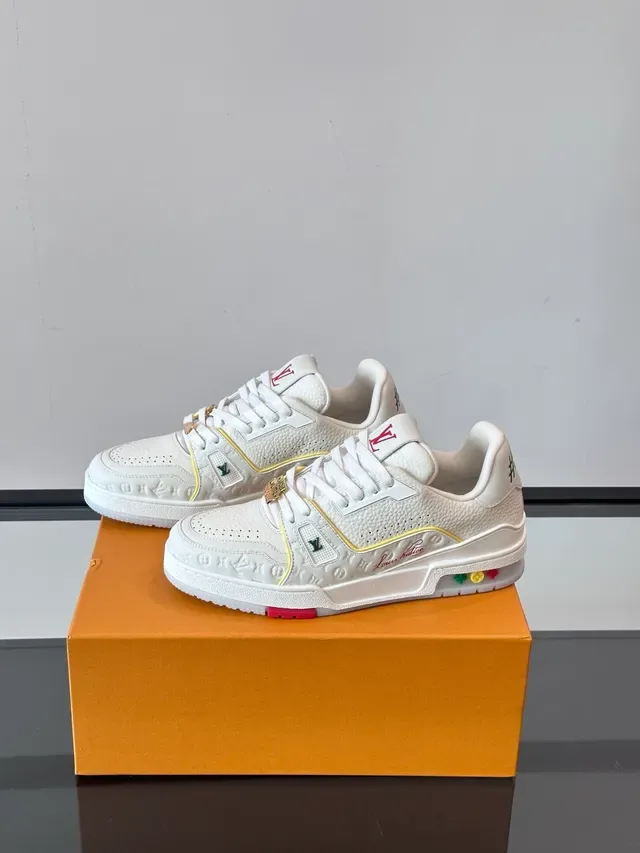 Louis Vuitton LV Trainer White Multicolor Embossed Monogram Leather Color-Blocked Piping Lifestyle Sneakers 5