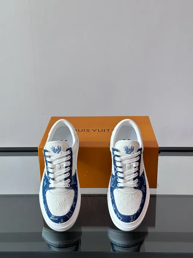 Louis Vuitton LV Trainer White Navy Monogram Canvas Leather Contrast Lifestyle Sneakers 4