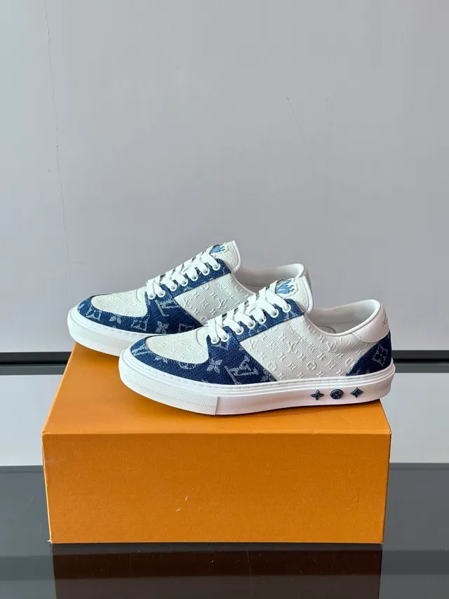 Louis Vuitton LV Trainer White Navy Monogram Canvas Leather Contrast Lifestyle Sneakers 5