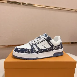 Louis Vuitton LV Trainer Blanco y Navy Estampado Monograma Superposición Capas Correa lateral Zapatillas lifestyle