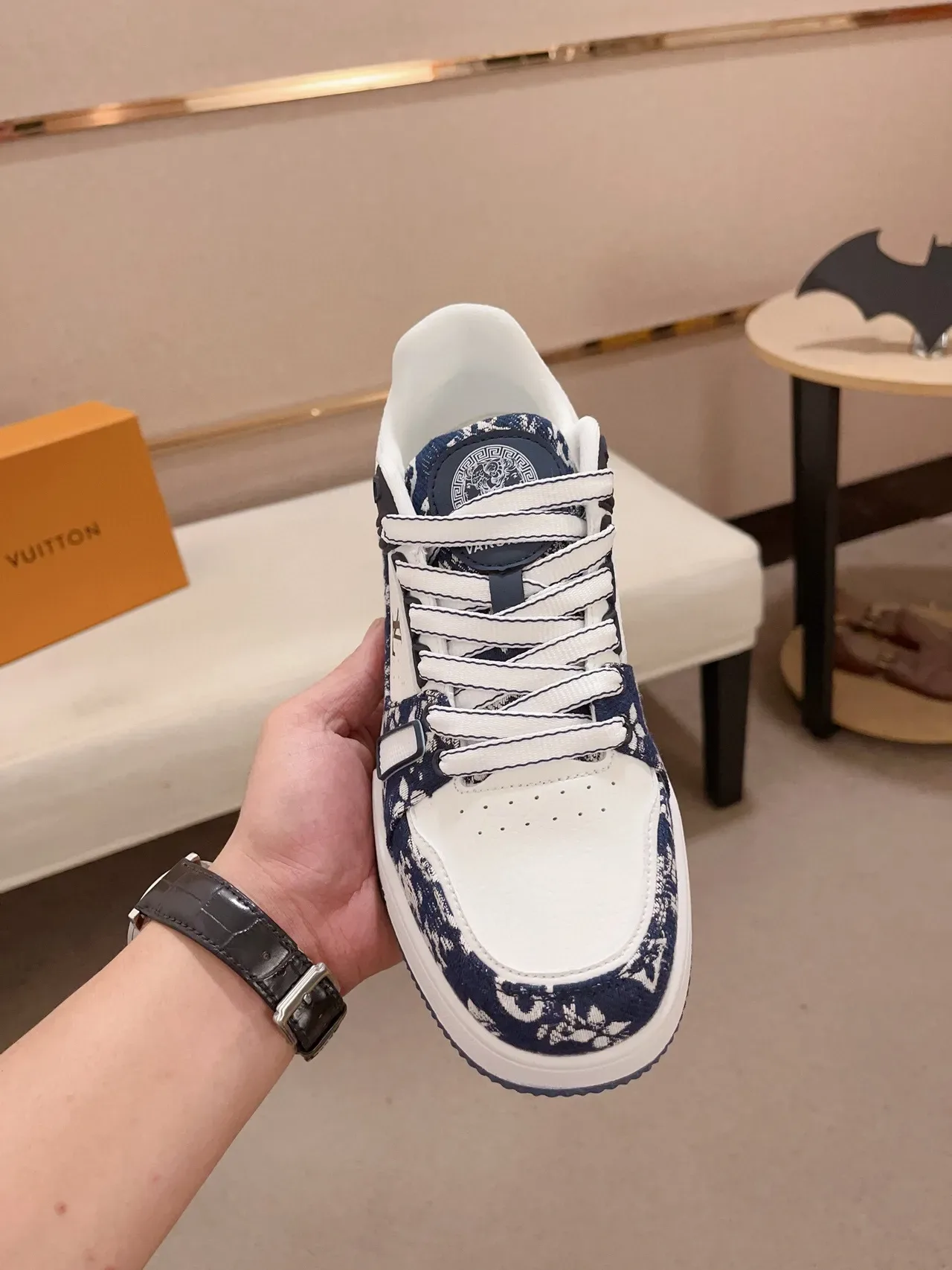 Louis Vuitton LV Trainer White Navy Monogram-Print Overlay Layered Side Strap Lifestyle Sneakers 2