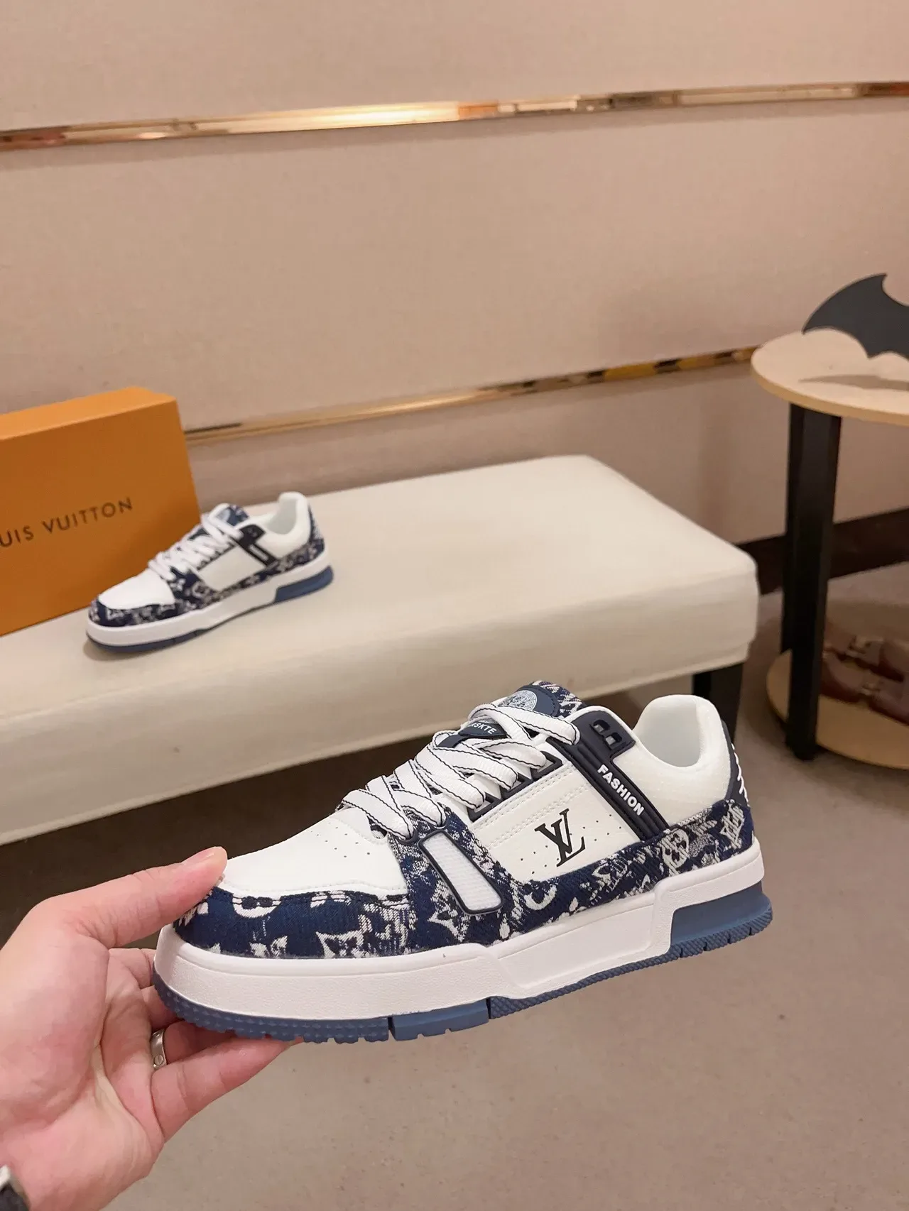 Louis Vuitton LV Trainer White Navy Monogram-Print Overlay Layered Side Strap Lifestyle Sneakers 3