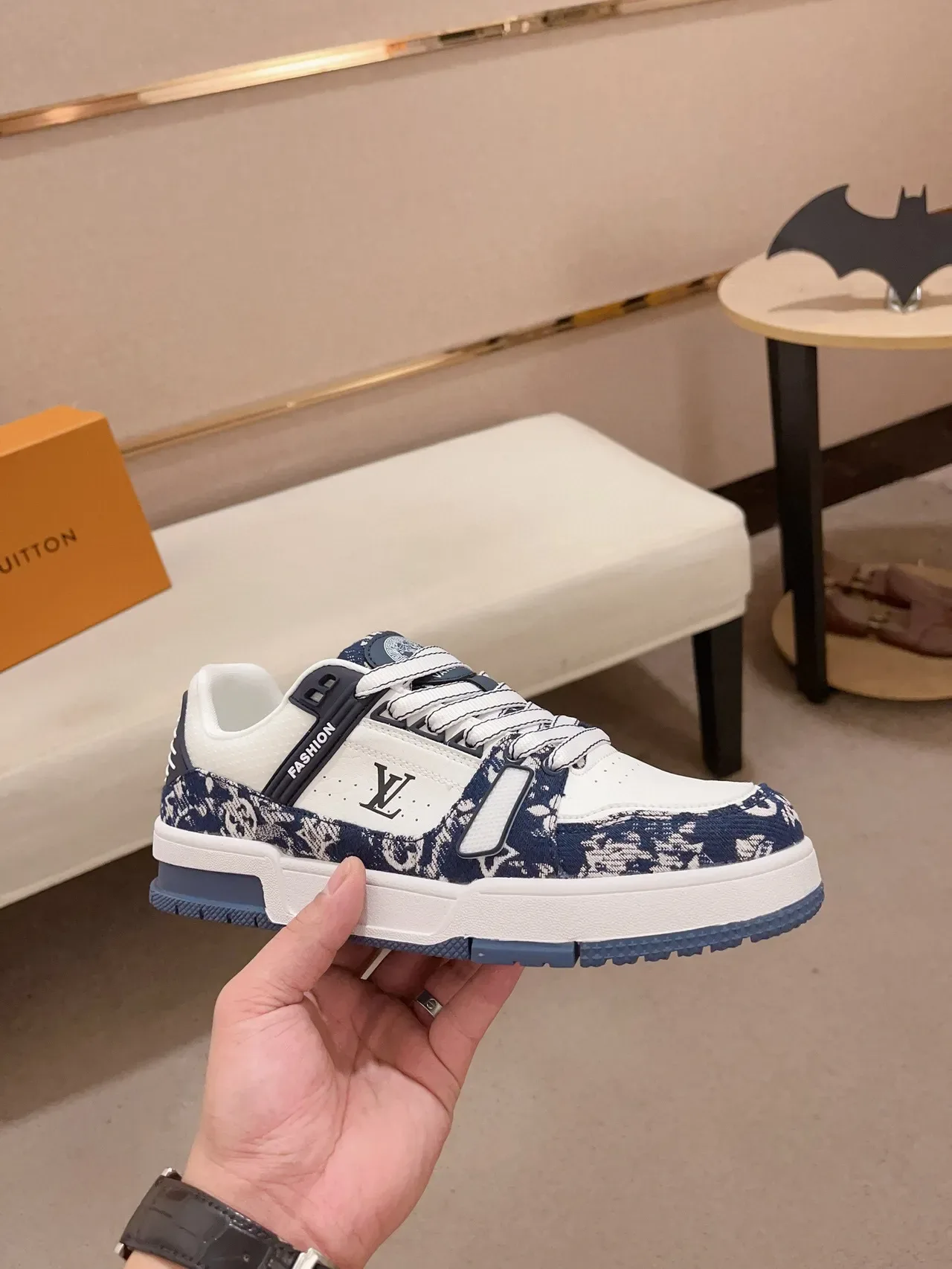 Louis Vuitton LV Trainer White Navy Monogram-Print Overlay Layered Side Strap Lifestyle Sneakers 4
