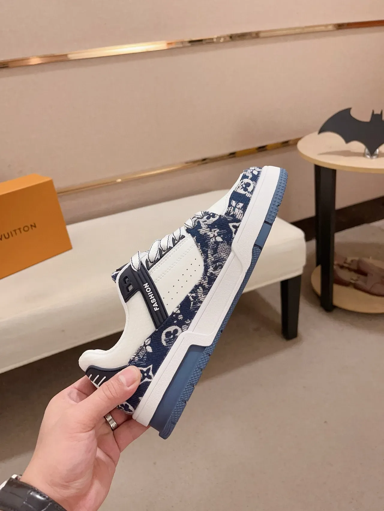 Louis Vuitton LV Trainer White Navy Monogram-Print Overlay Layered Side Strap Lifestyle Sneakers 5
