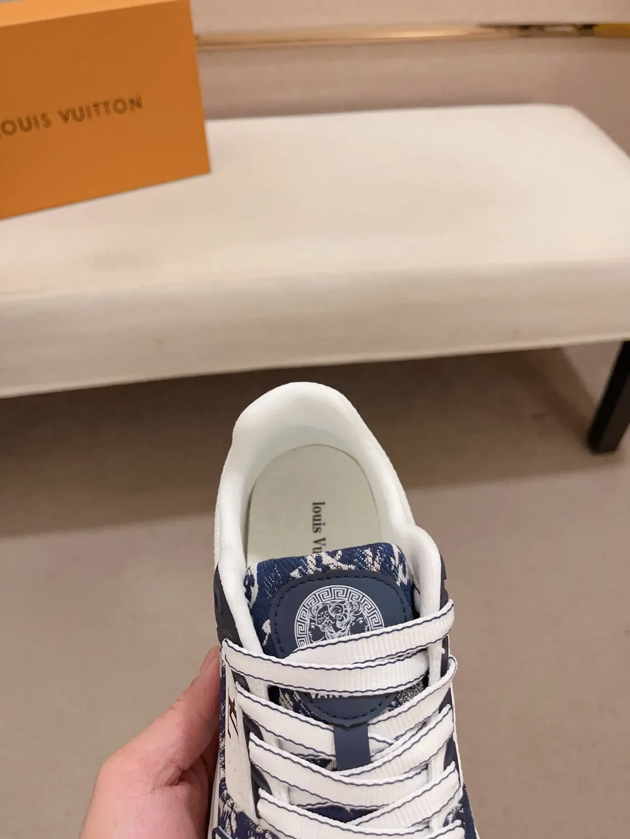 Louis Vuitton LV Trainer White Navy Monogram-Print Overlay Layered Side Strap Lifestyle Sneakers 6