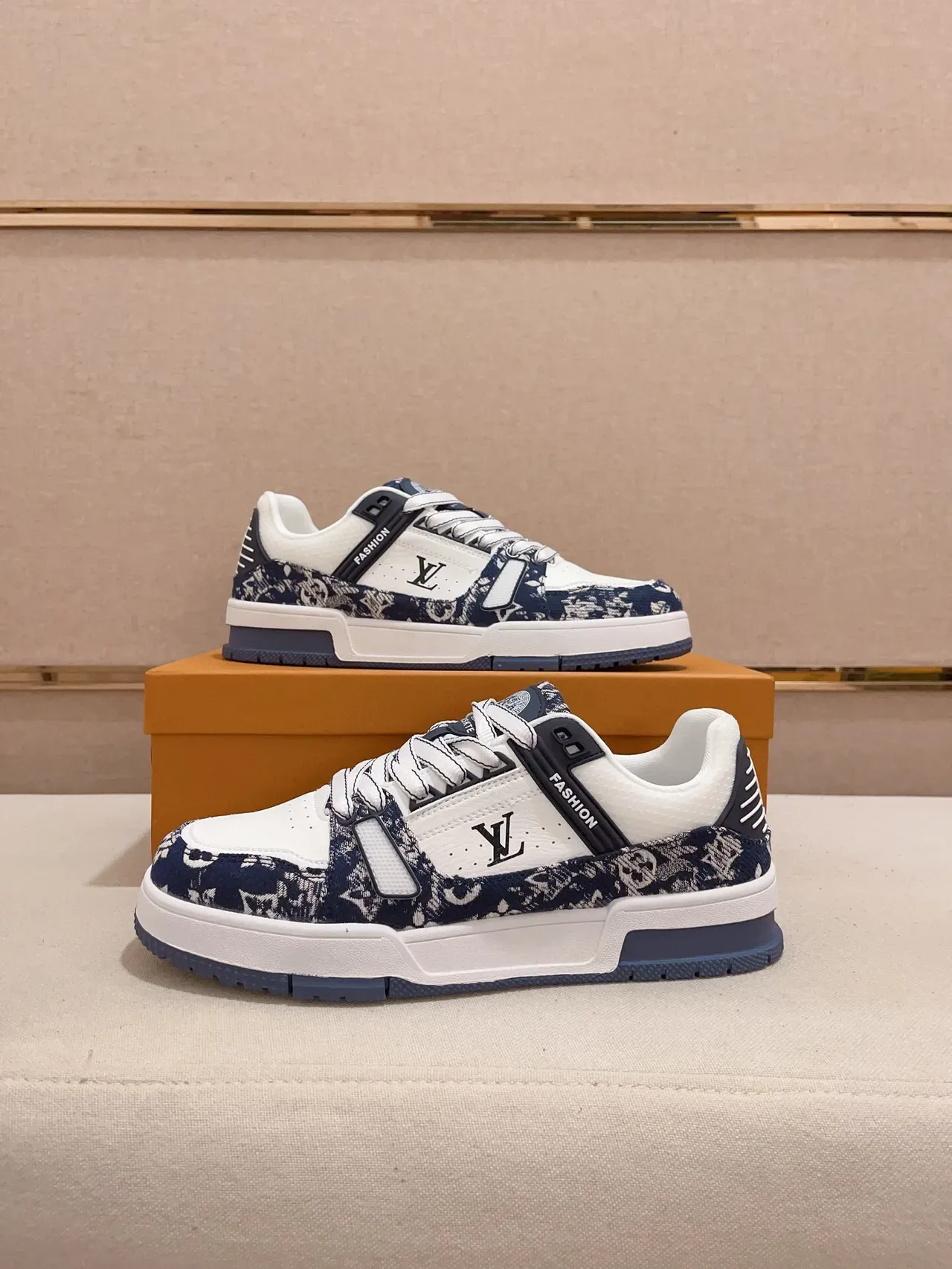 Louis Vuitton LV Trainer White Navy Monogram-Print Overlay Layered Side Strap Lifestyle Sneakers 7