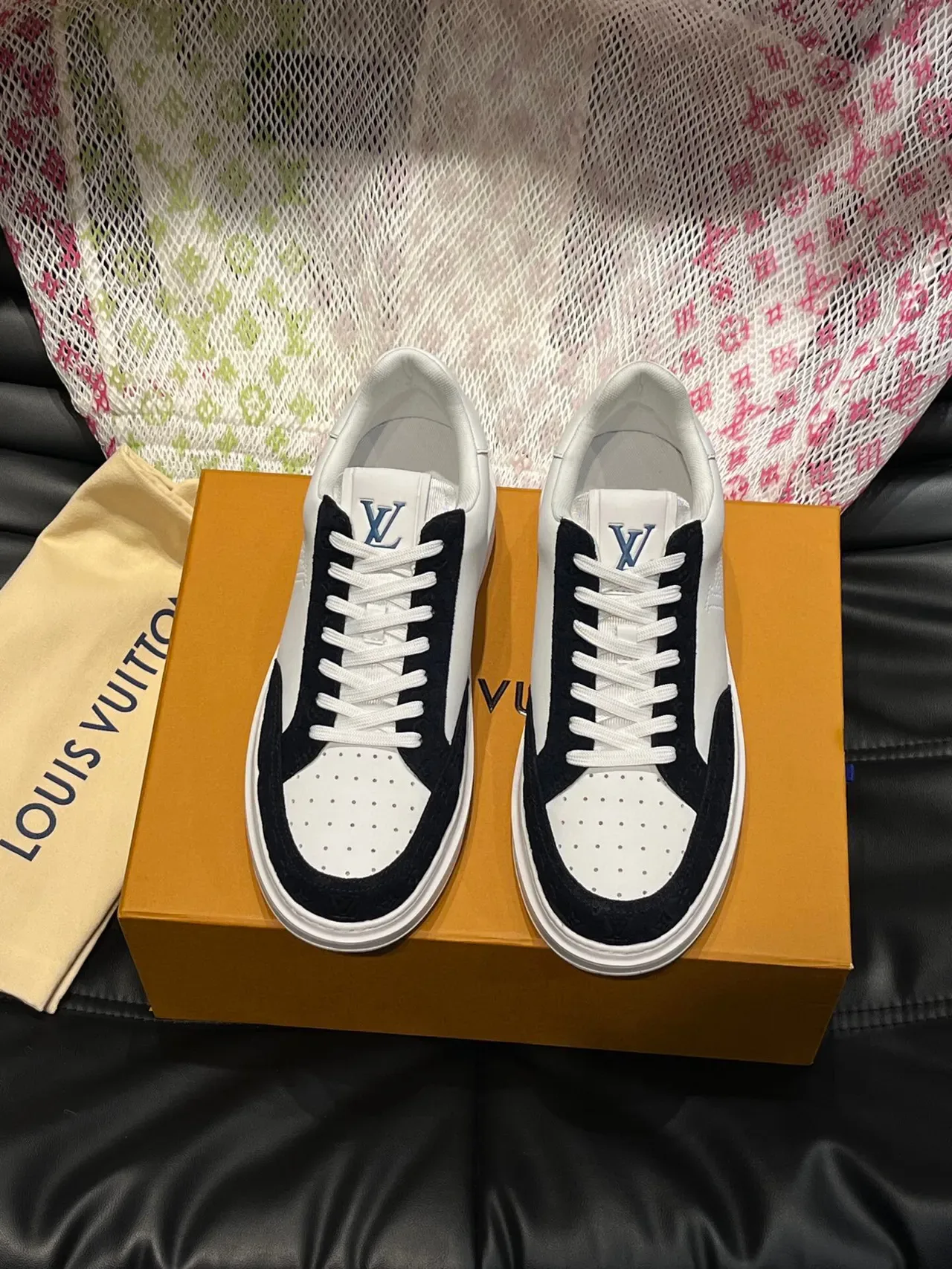 Louis Vuitton LV Trainer White Navy Perforated Monogram Logo Two-Tone Leather-Suede Construction Lifestyle Sneakers 2