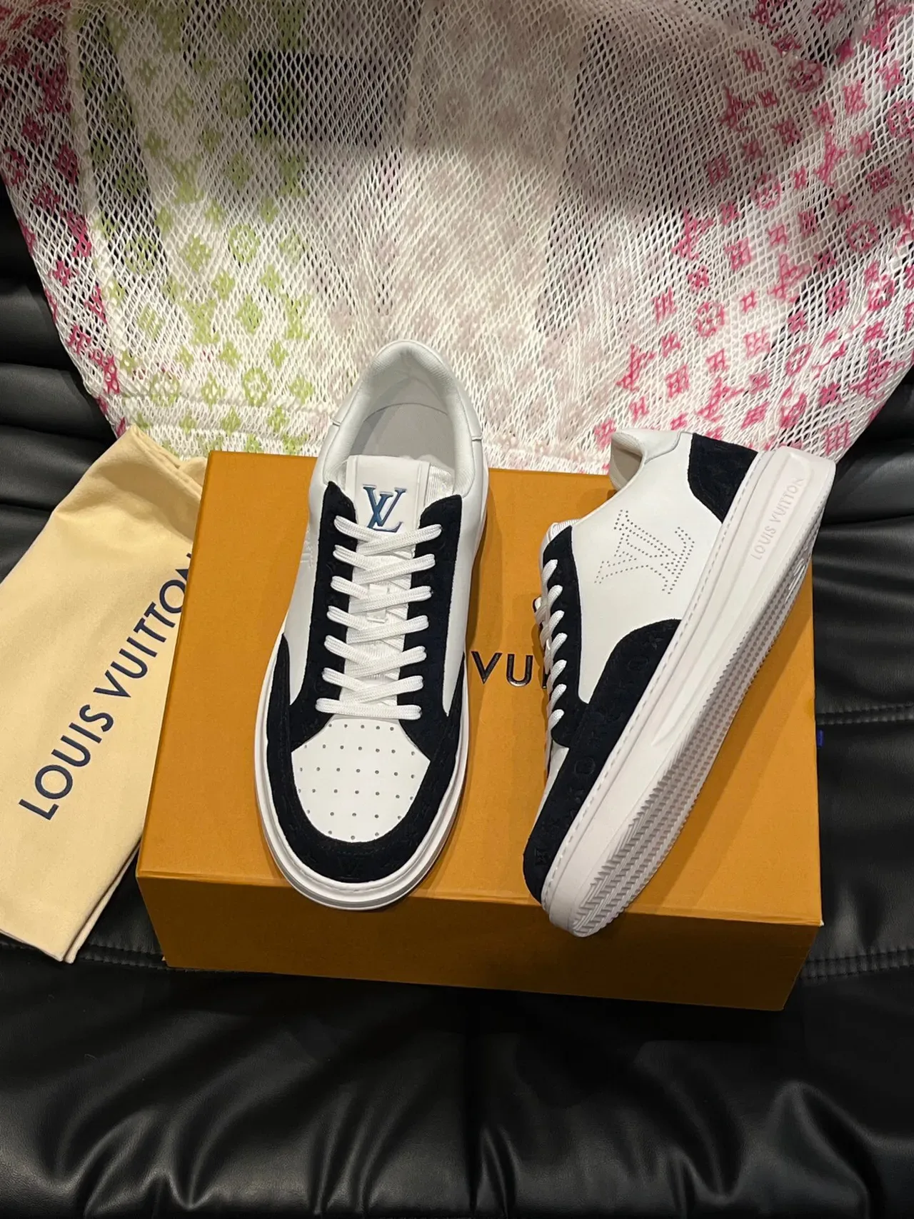 Louis Vuitton LV Trainer White Navy Perforated Monogram Logo Two-Tone Leather-Suede Construction Lifestyle Sneakers 3