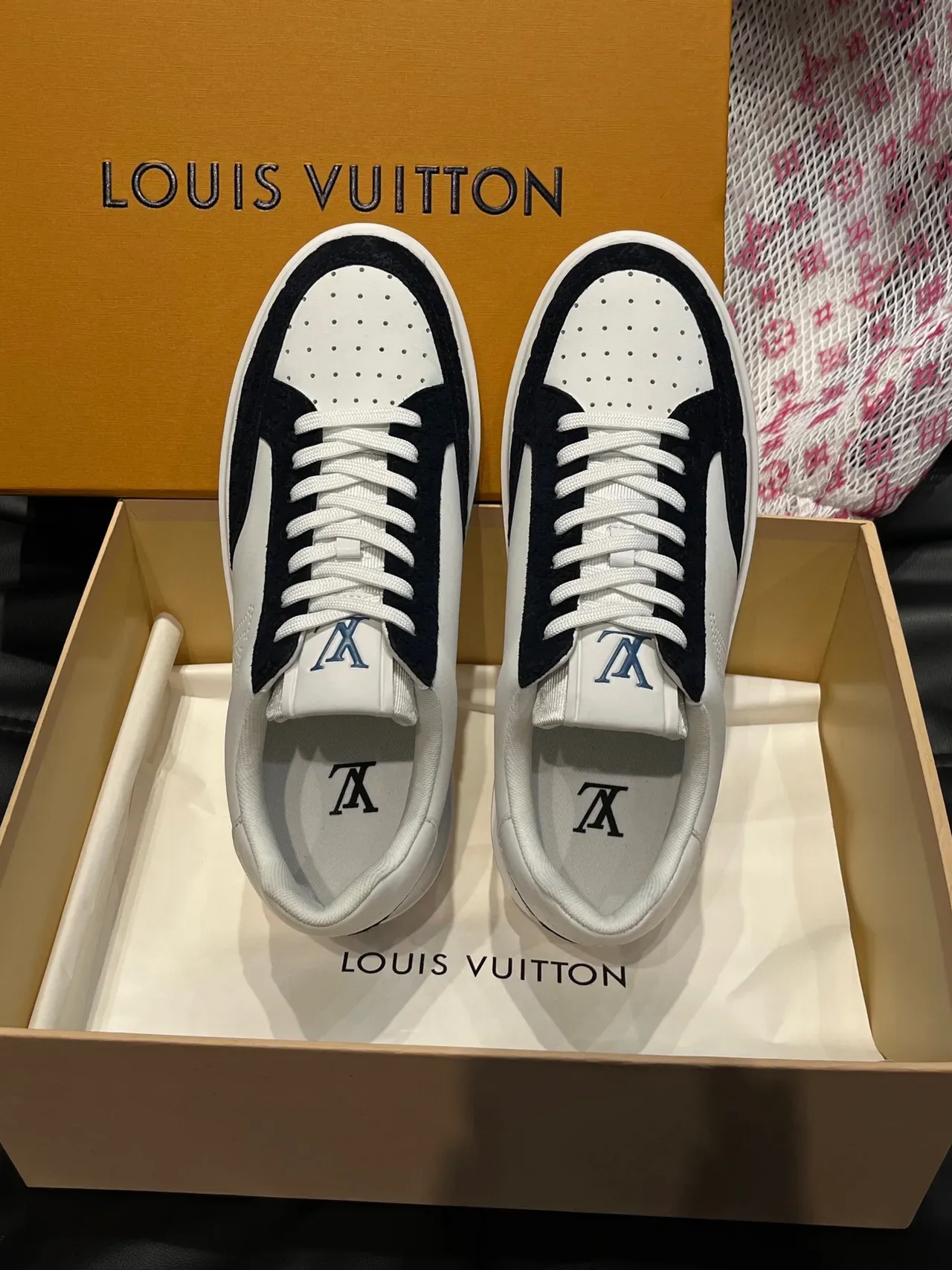 Louis Vuitton LV Trainer White Navy Perforated Monogram Logo Two-Tone Leather-Suede Construction Lifestyle Sneakers 4