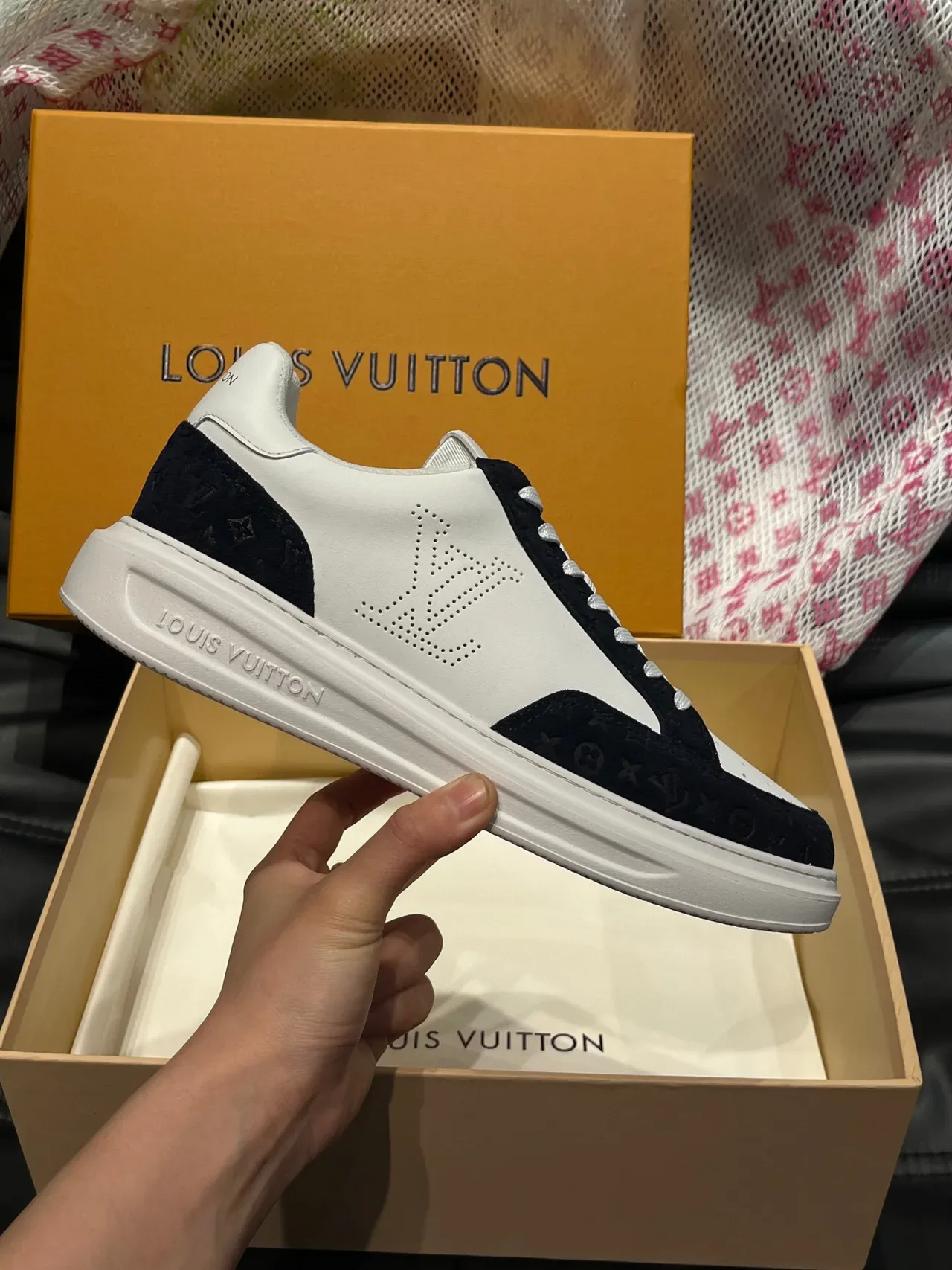 Louis Vuitton LV Trainer White Navy Perforated Monogram Logo Two-Tone Leather-Suede Construction Lifestyle Sneakers 5