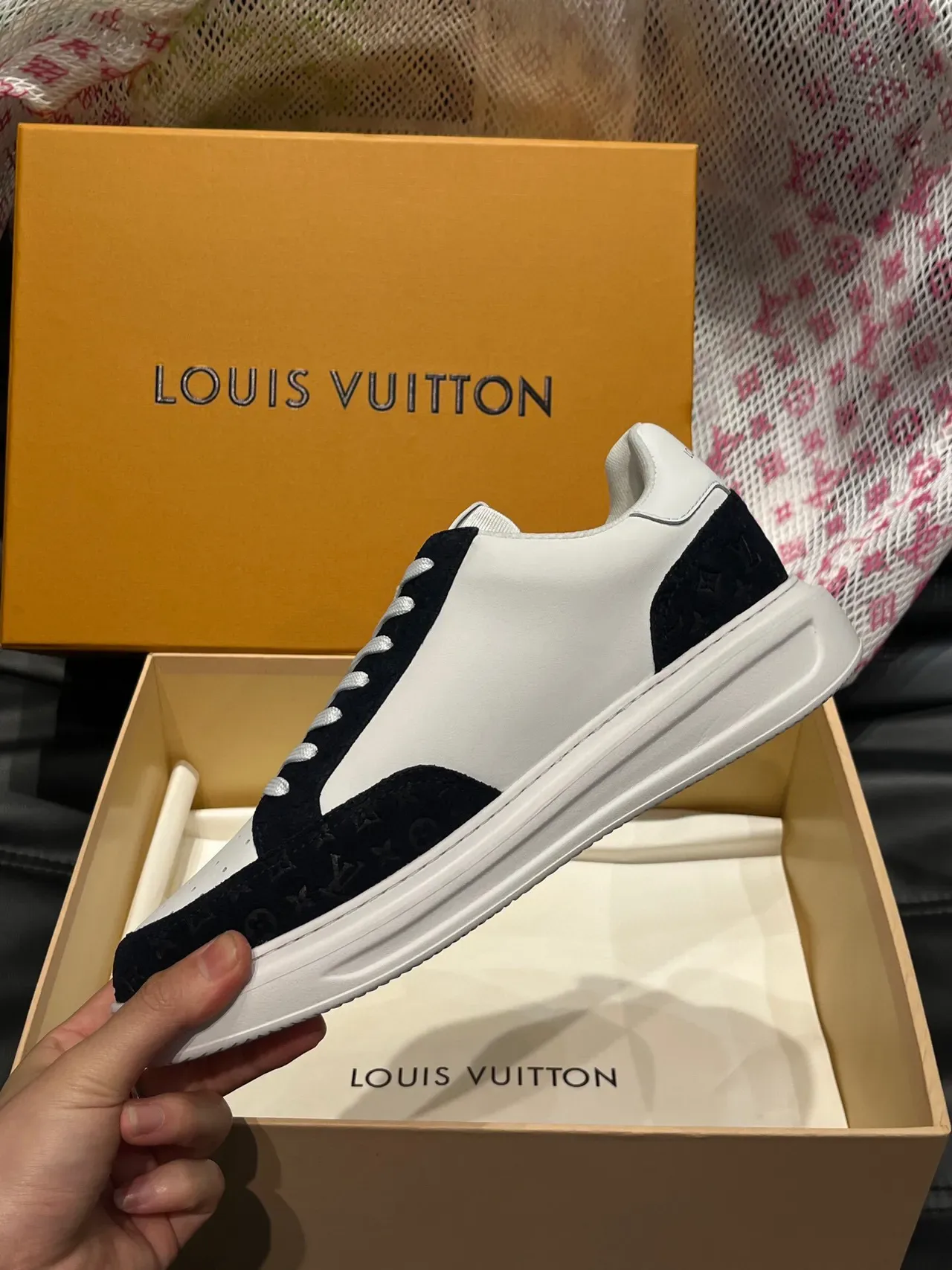Louis Vuitton LV Trainer White Navy Perforated Monogram Logo Two-Tone Leather-Suede Construction Lifestyle Sneakers 6