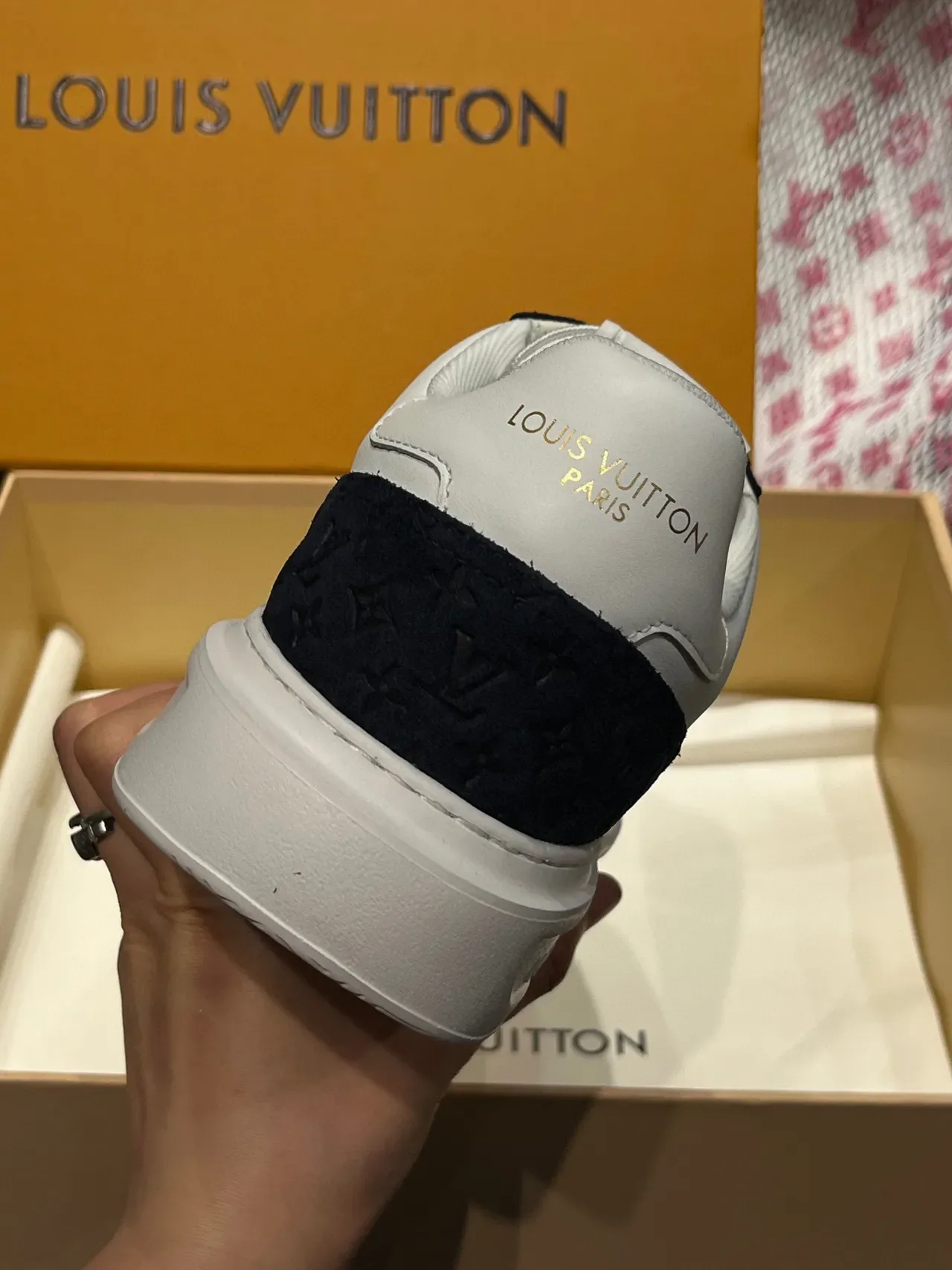 Louis Vuitton LV Trainer White Navy Perforated Monogram Logo Two-Tone Leather-Suede Construction Lifestyle Sneakers 7