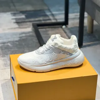 Louis Vuitton LV Trainer White Silver Monogrammed Knit Upper Quilted Heel Counter Lifestyle Sneakers