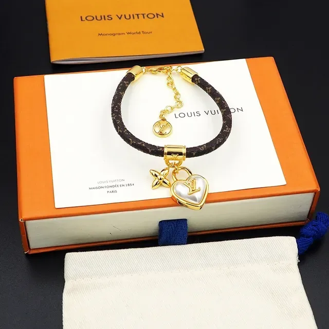 Louis Vuitton Monogram Braided Leather Heart Lock Charm Bracelet 6