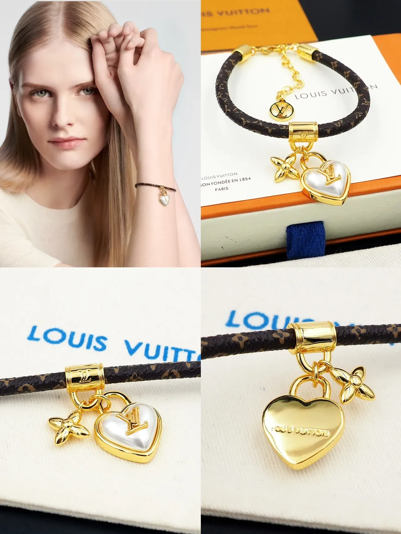 Louis Vuitton Monogram Braided Leather Heart Lock Charm Bracelet 7