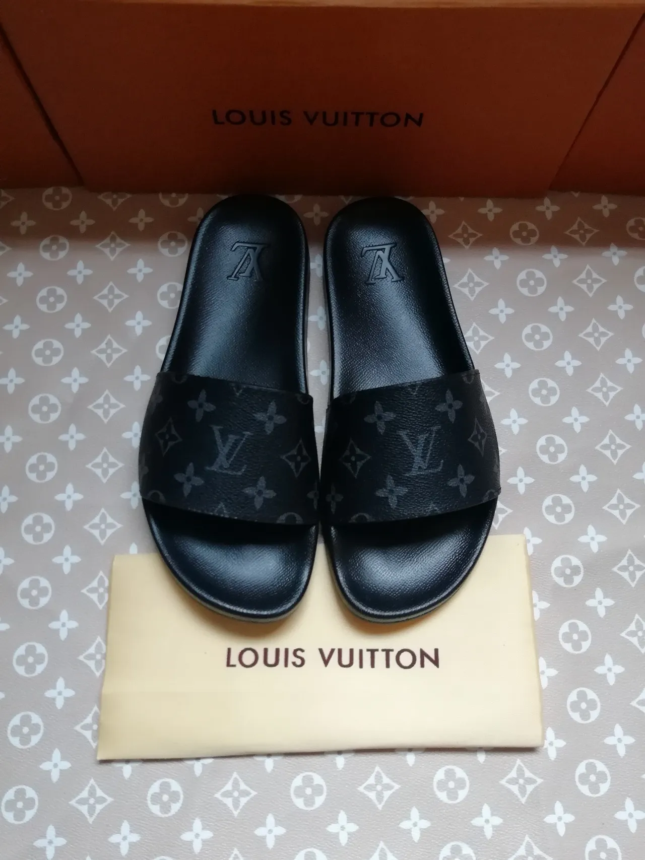 Louis Vuitton Monogram-Coated Leather Black Slide Slippers 3