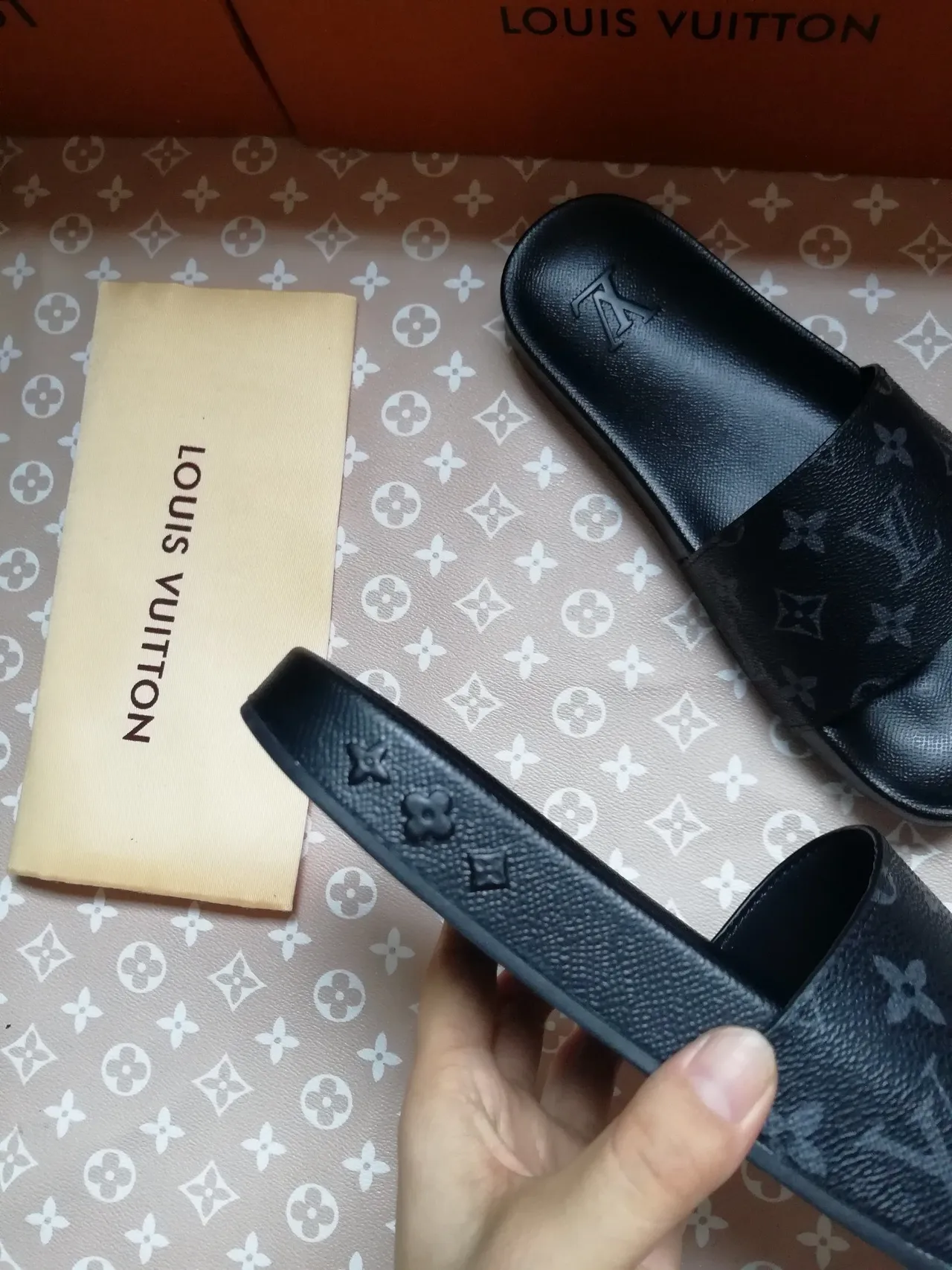 Louis Vuitton Monogram-Coated Leather Black Slide Slippers 4